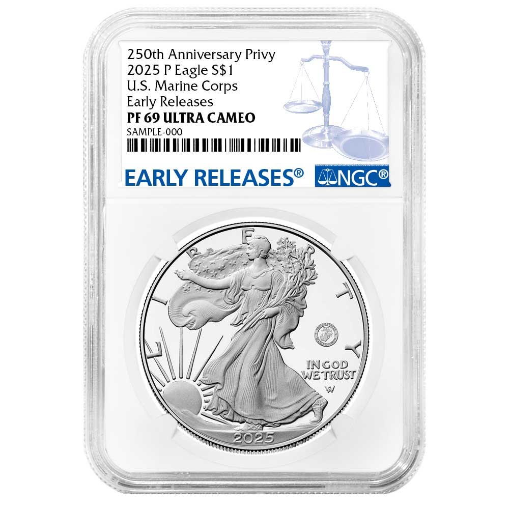2025-P $1 1-oz Proof American Silver Eagle Marine Corps Privy NGC PF69UC ER