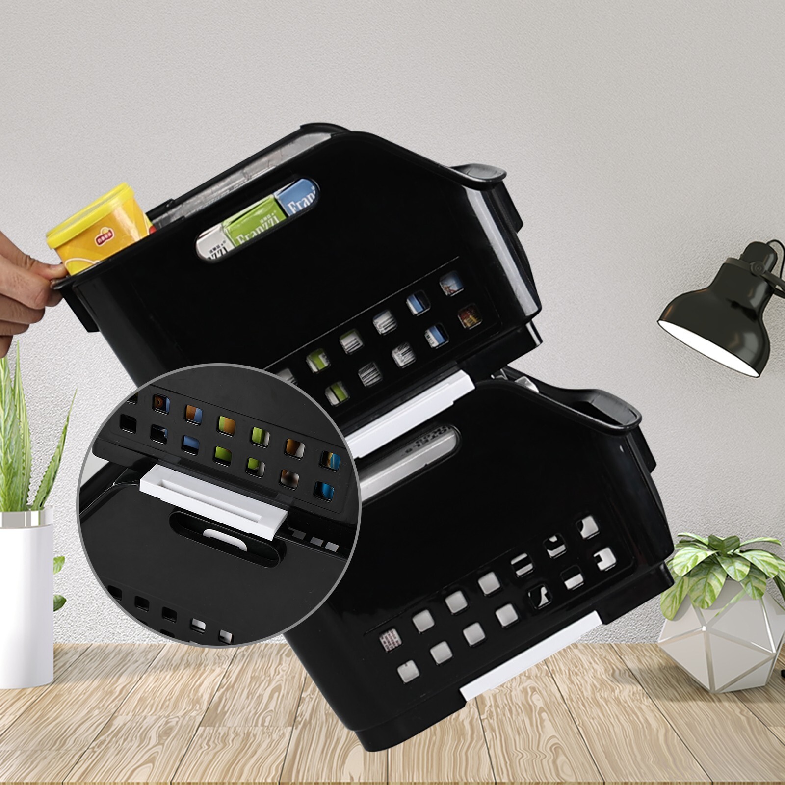 3 Packs Plastic Stacking Storage Basket, Large Detachable Stacking Bins, Black