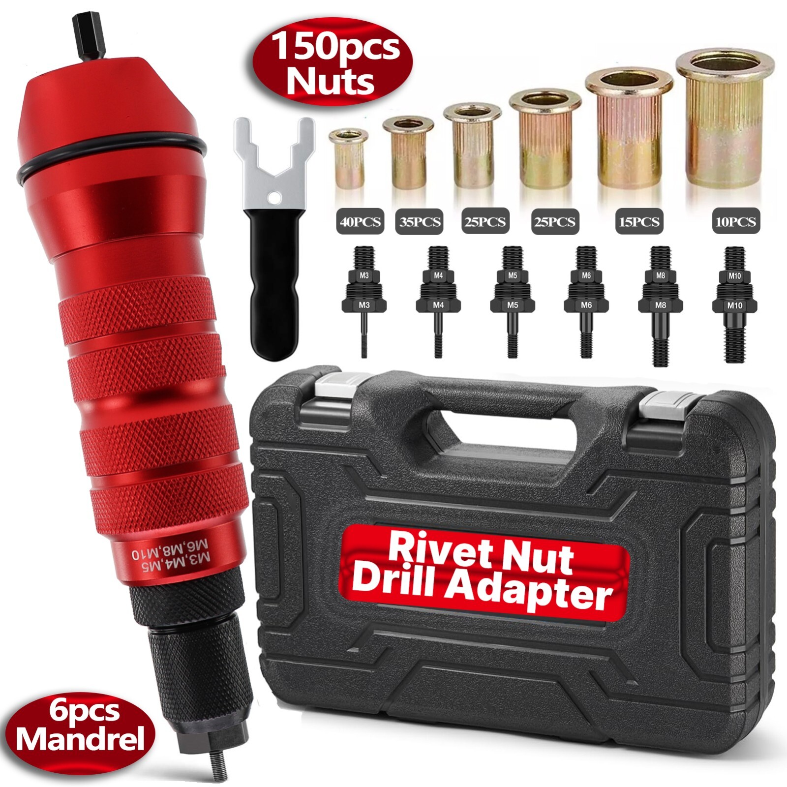 Pneumatic Drill Rivet Nut Gun Adapter Riveter Rivnut 1/4" Capacity M3-M10 150pcs