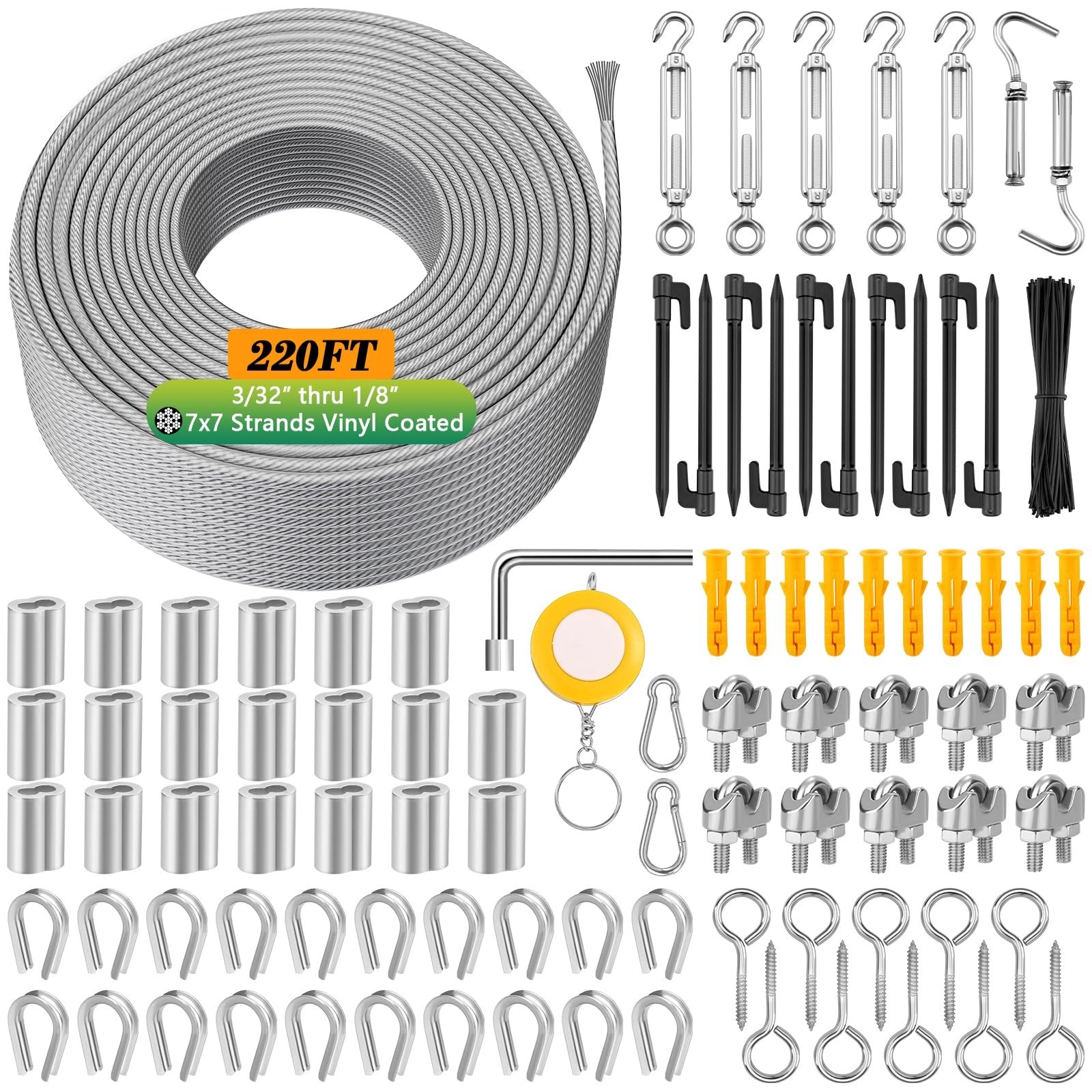 220 FT 1/8" Wire Rope Kit, 304 Stainless Steel Cable with M5 Turnbuckles for ...