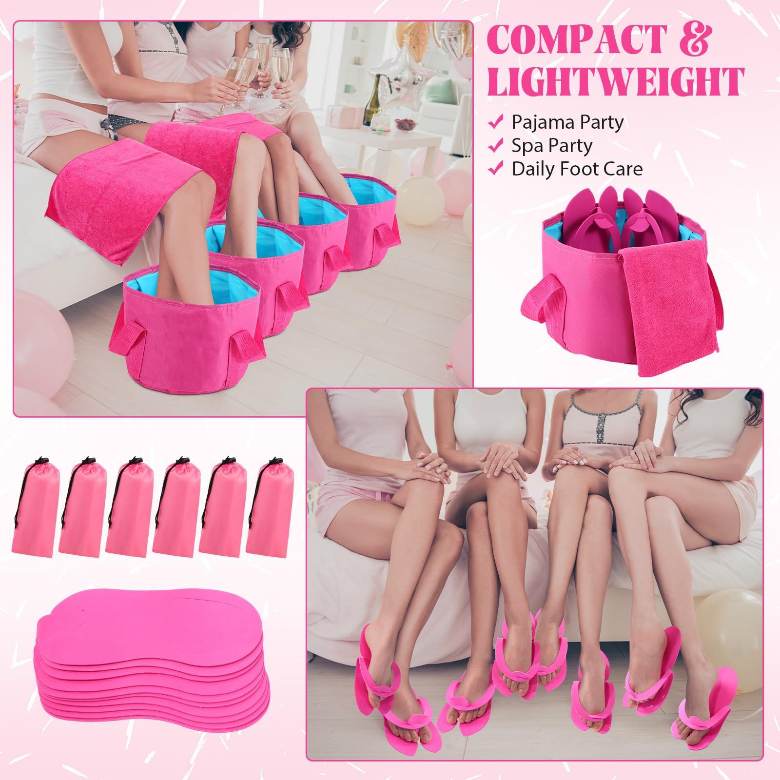 FillTouch 6 Sets Foldable Foot Bath Kit 15L Collapsible Soaking Rose Red