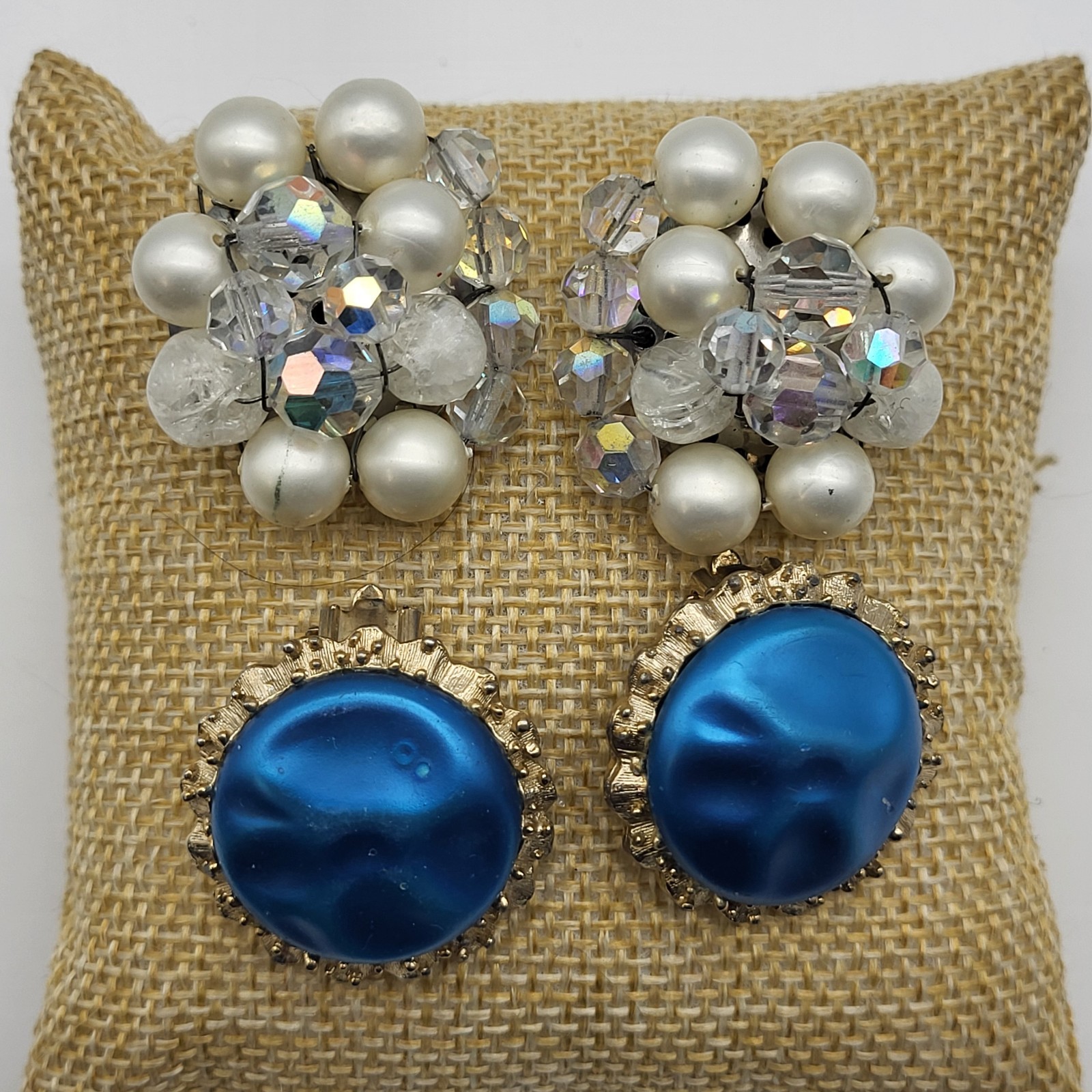 Lovely vintage Clip earrings lot of 2 rhinestone beaded & bold blue Estate