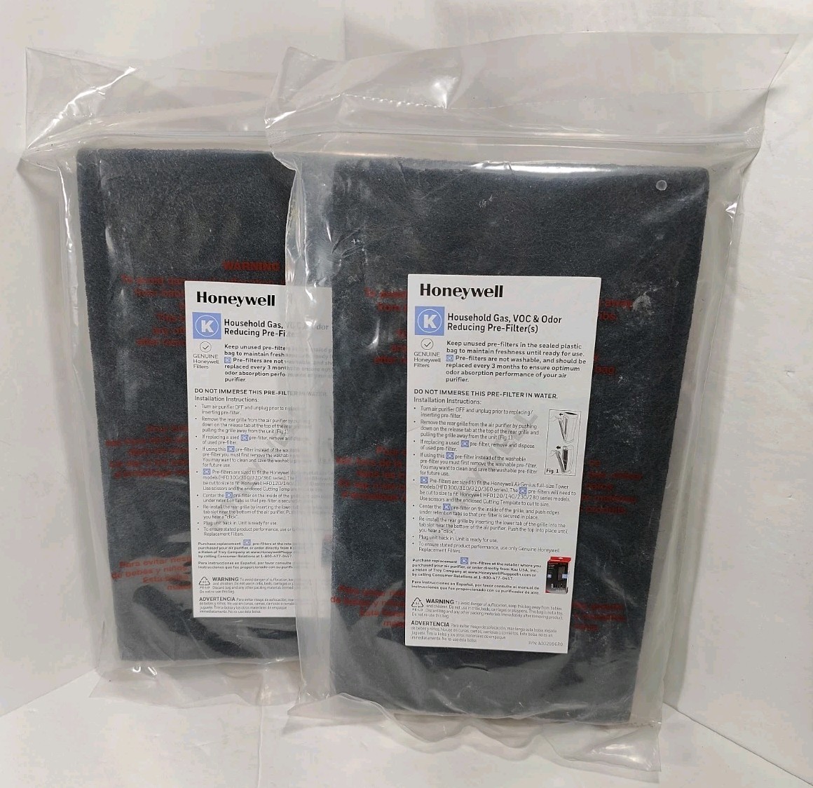 Honeywell 2 pk household gas, VOC/odor reducing Pre-filters Type K NEW