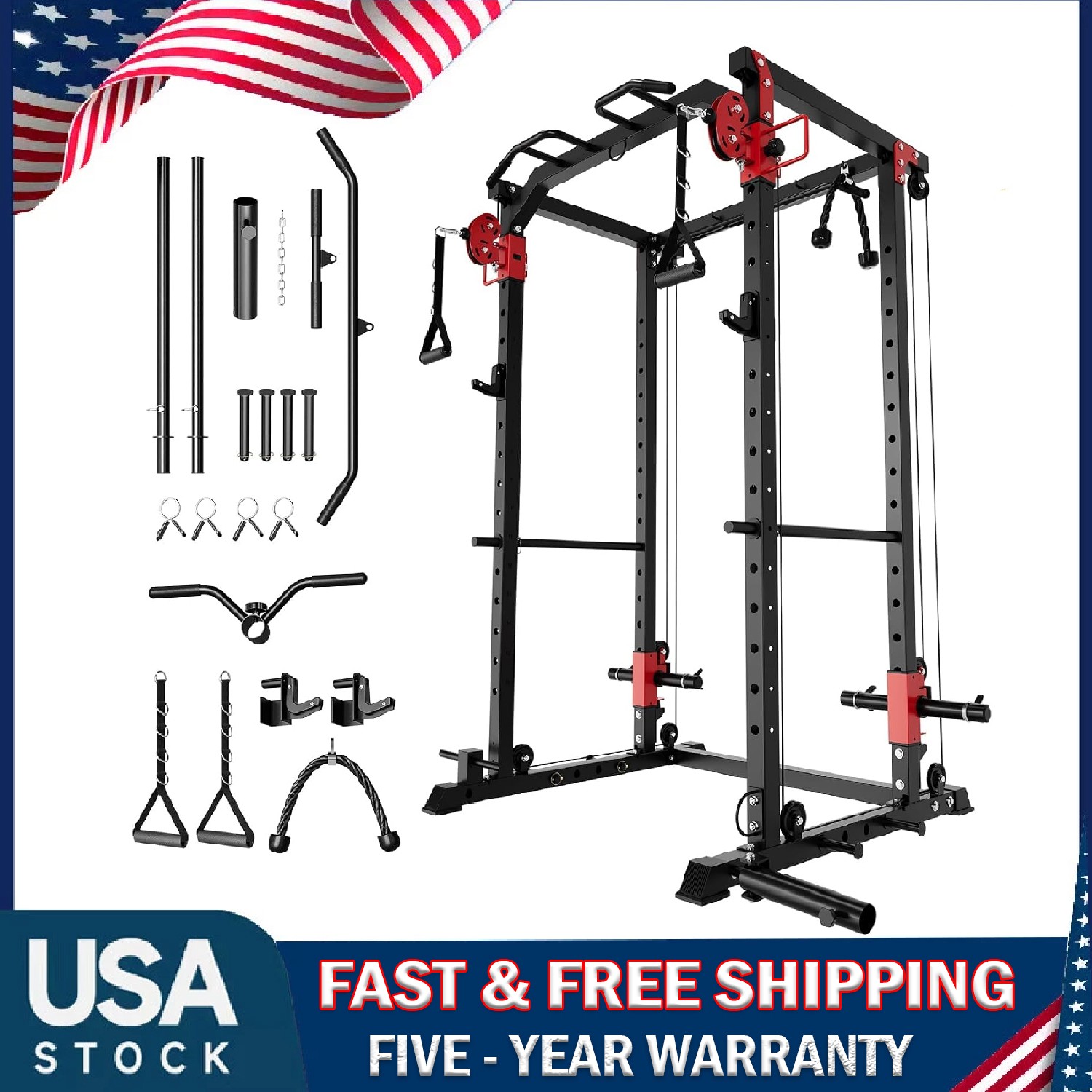 Power Cage Power Rack with LAT Pull Down & Cable Crossover Workout for Home Gym