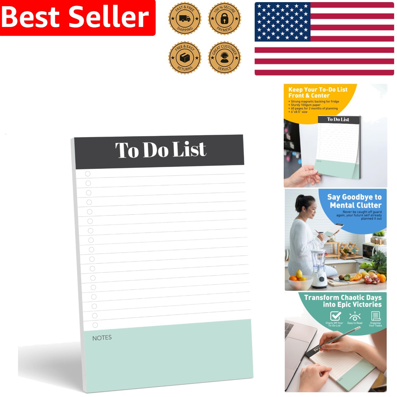 Daily Magnetic To Do List Notepad -  A5 Fridge Task Planner 60 Pages Mint