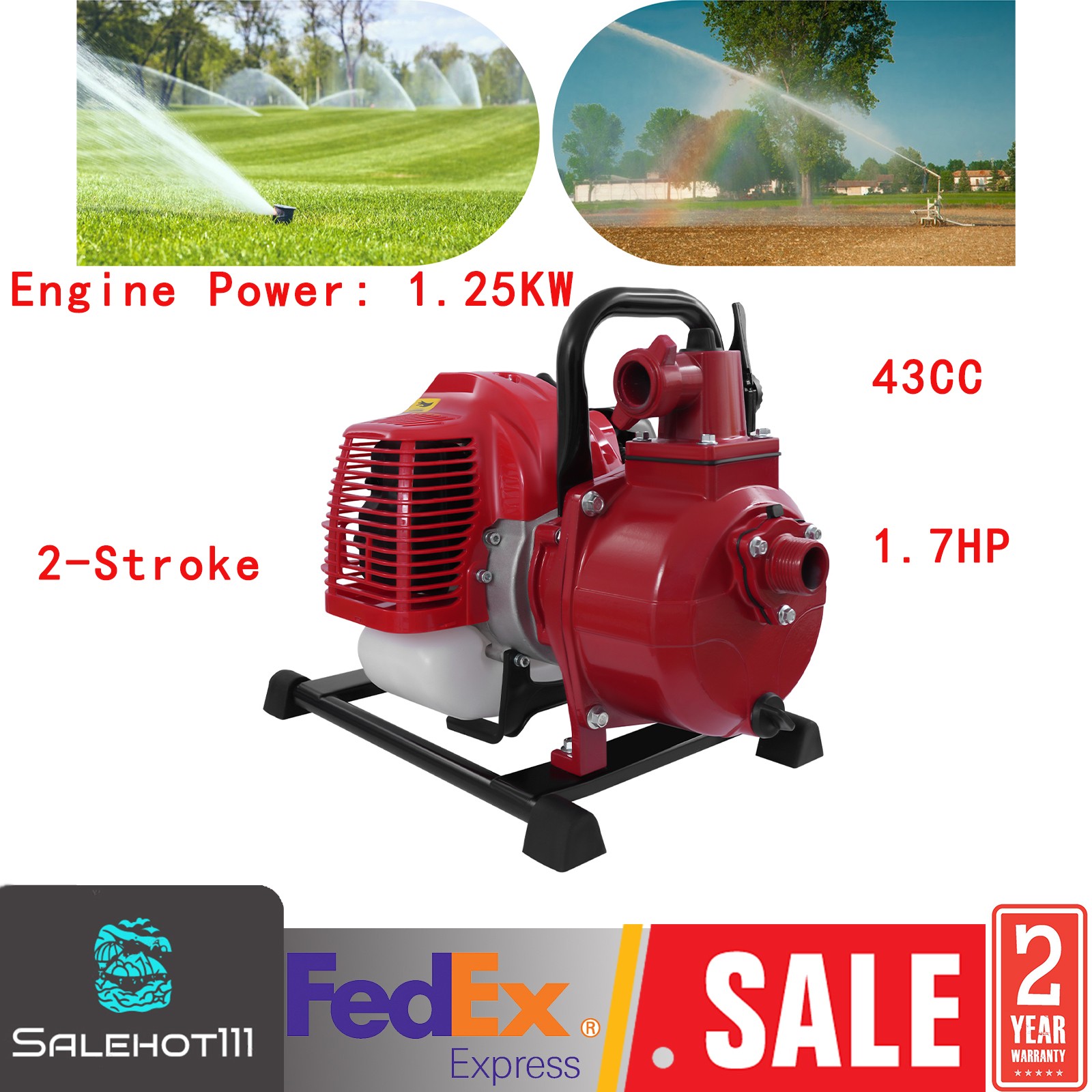 43cc 2-Stroke Gasoline Water Pump 1.7HP Portable Irrigation Pump for Farm