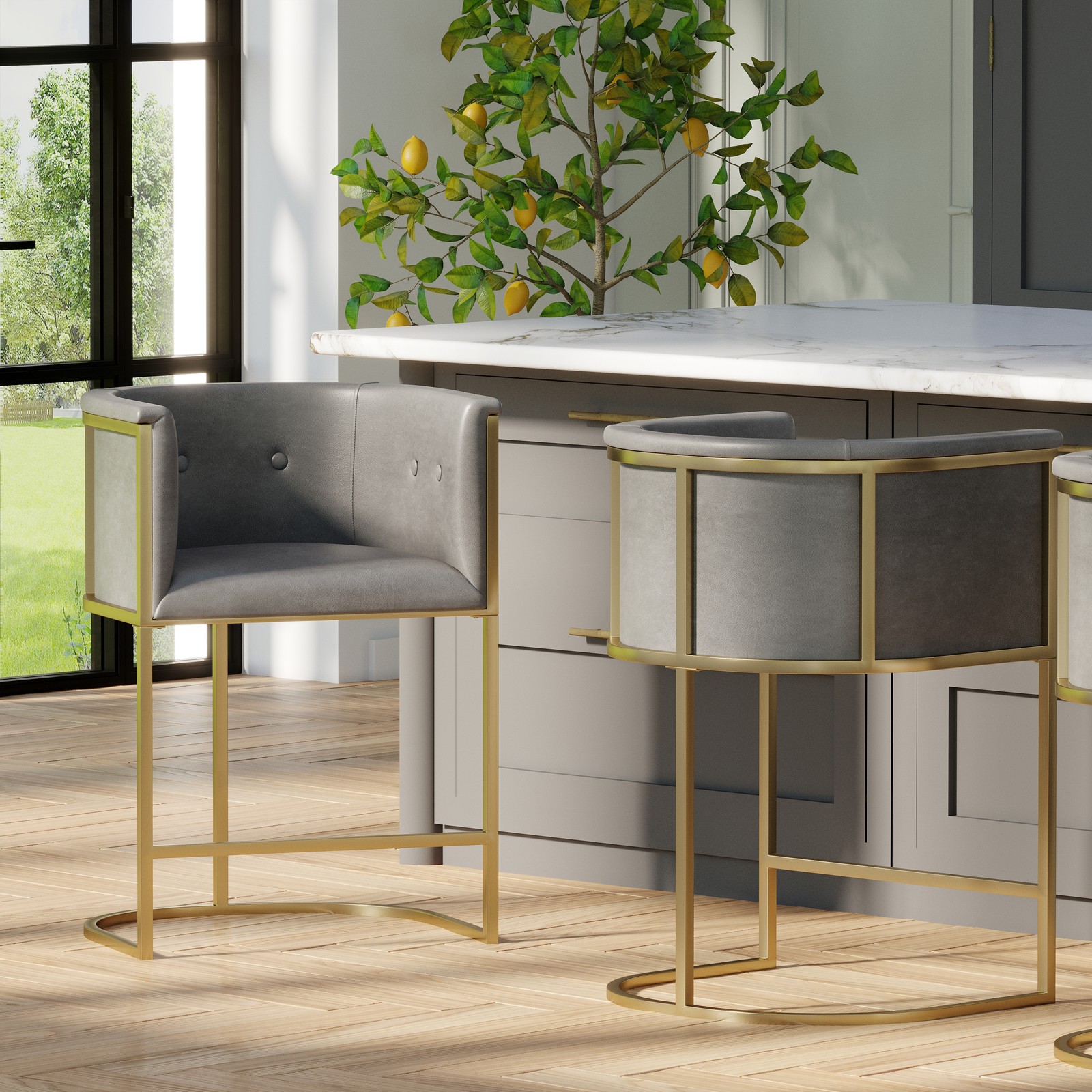 Manhattan 26" Counter Stool – Gray Faux Leather with Brass-Finish Metal Base