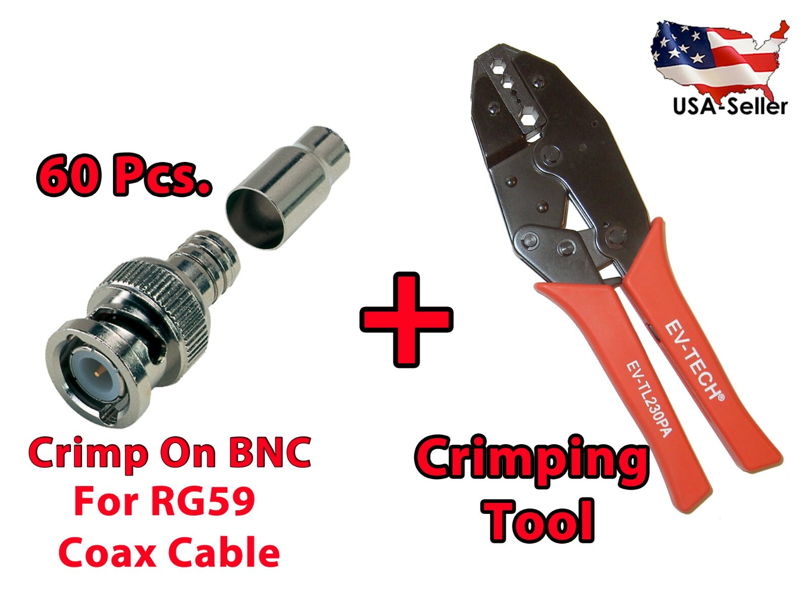 60 Pcs Crimp On BNC Connector For RG59 Siamase Cable Wire 1pc BNC Crimping Tool