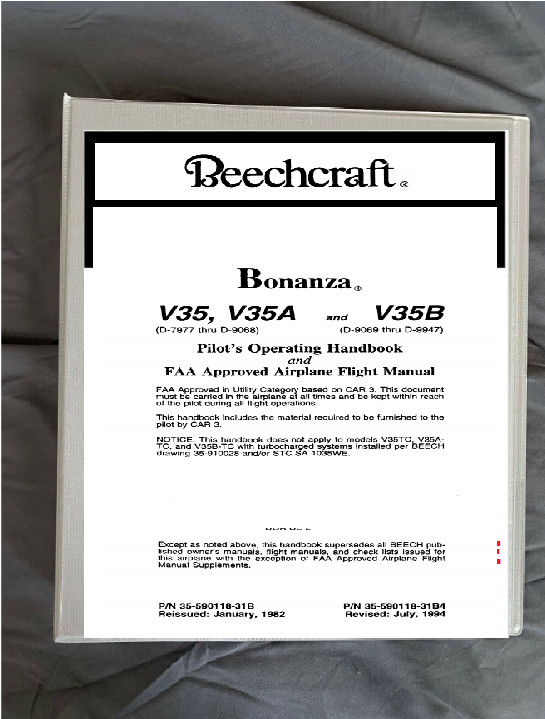 Beechcraft Bonanza v35 v35a v35b  Operating handbook operations manual in binder