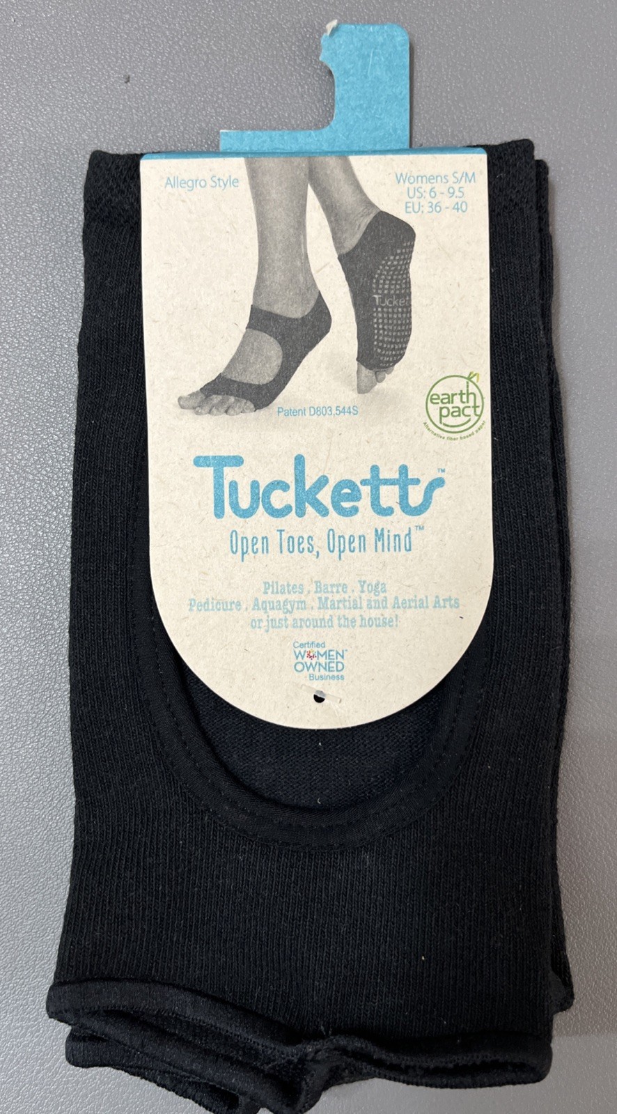 Tucketts Allegro Black Pilates Socks Pink Non-Slip Grip Open Toe Size Small New