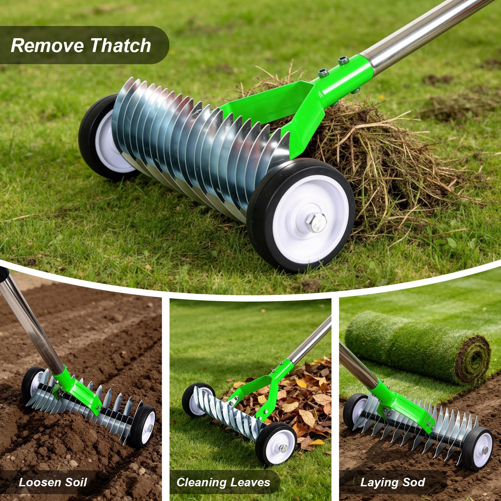 Thatch Rake, Adjustable Garden Rake Head and 38"65" Handle with Wheels, 21 & 11