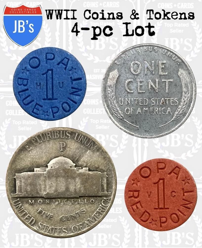WWII 1943 Steel Cent, 1943 Silver War Nickel, OPA Food Ration Tokens World War 2