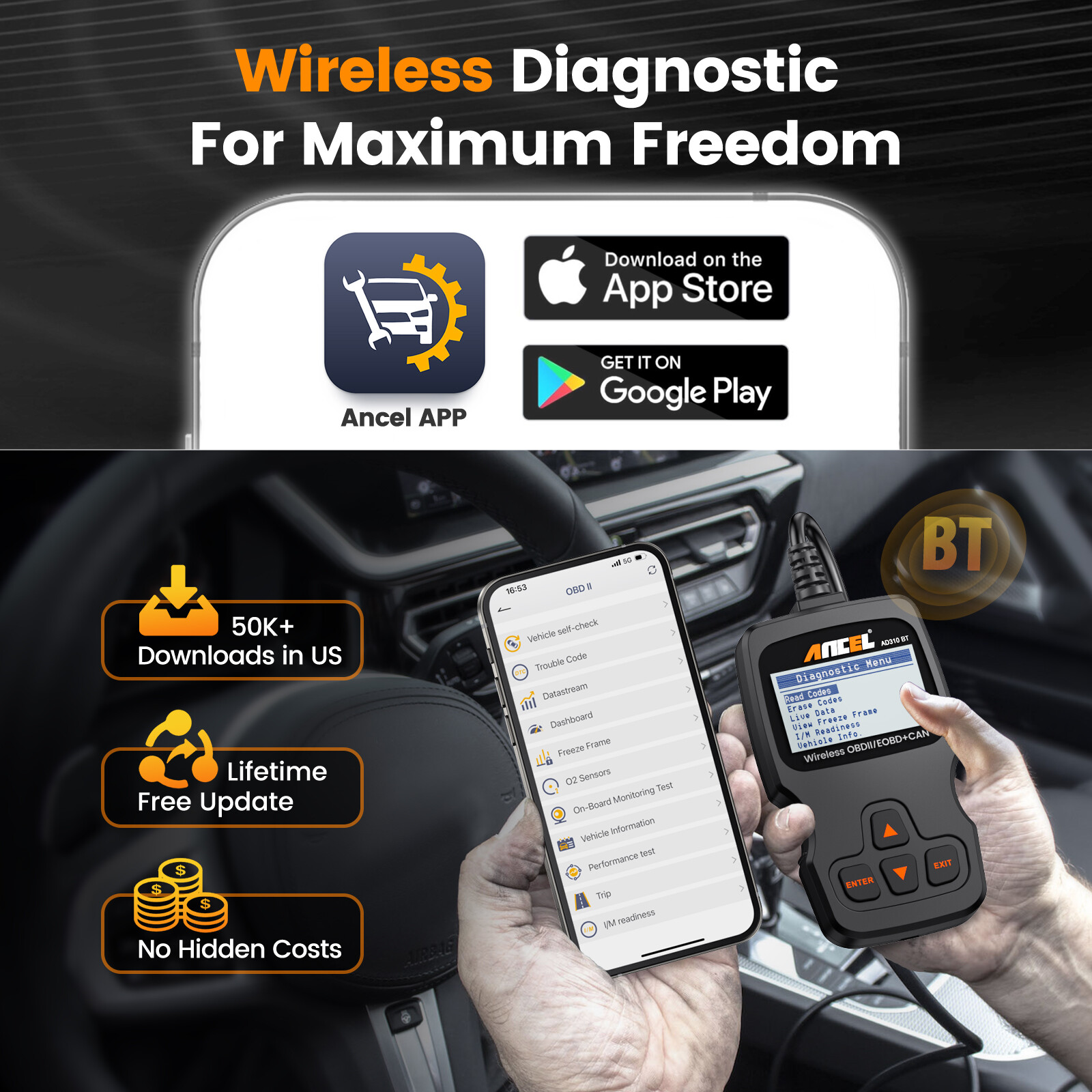 ANCEL AD310 BT OBD2 Scanner Bluetooth for iOS Android Diagnostic I/M Readnes