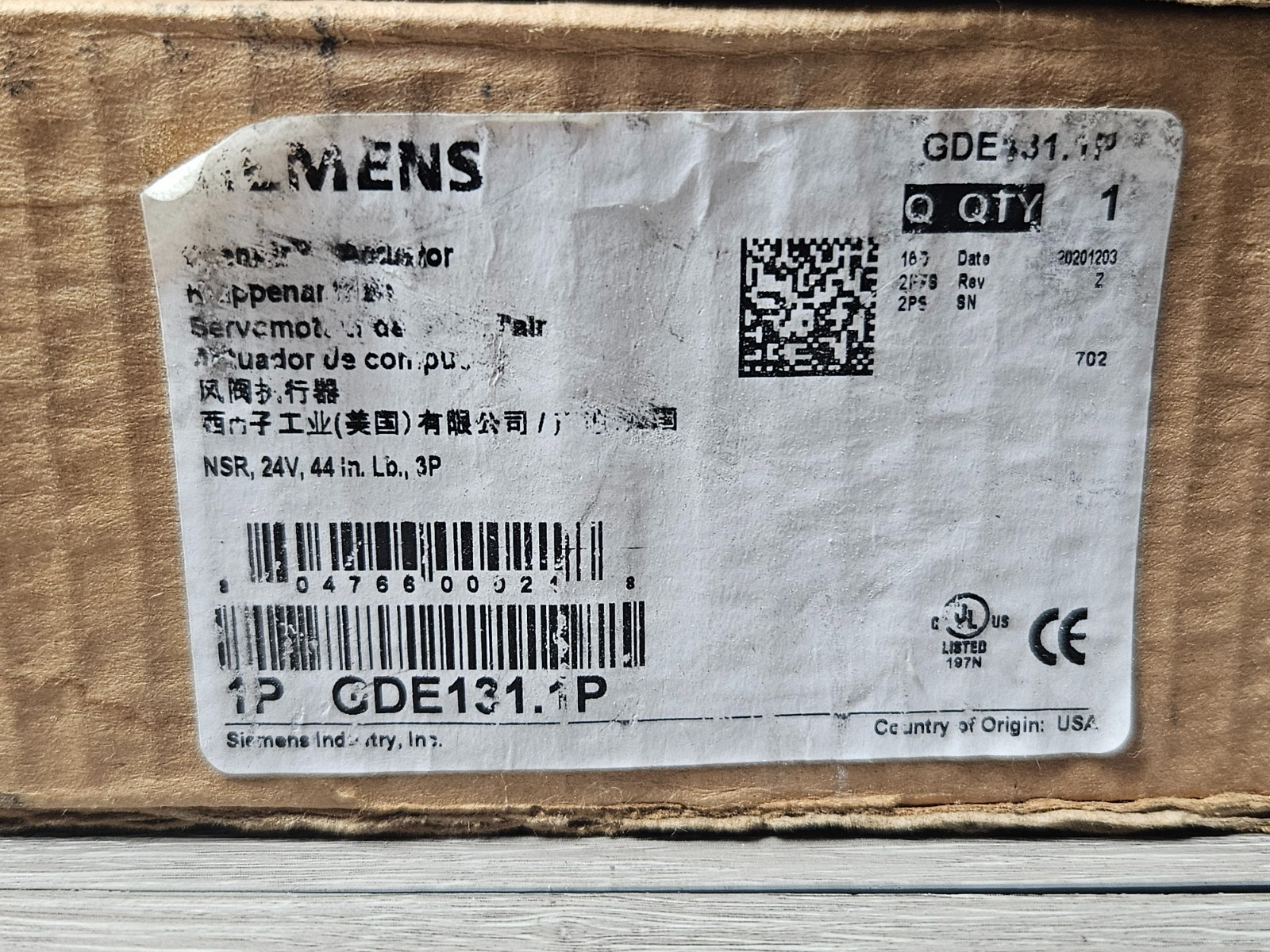 SIEMENS GDE131.1P OPEN AIR ACTUACTOR NSR 24V 44" lb PLENUM CABLE