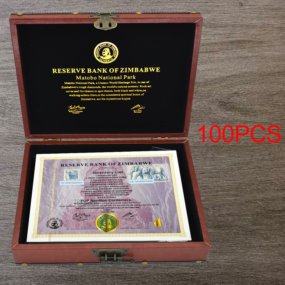 100pcs Zimbabwe Banknotes Certificates Top Nonillon Containers with Wooden Box