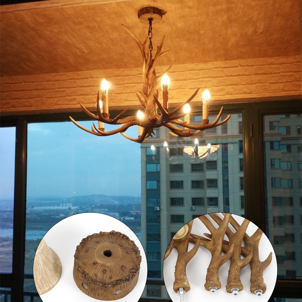 6-Light Rustic Deer Horn Antler Chandelier Pendant Light Ceiling Lamp Fixture US
