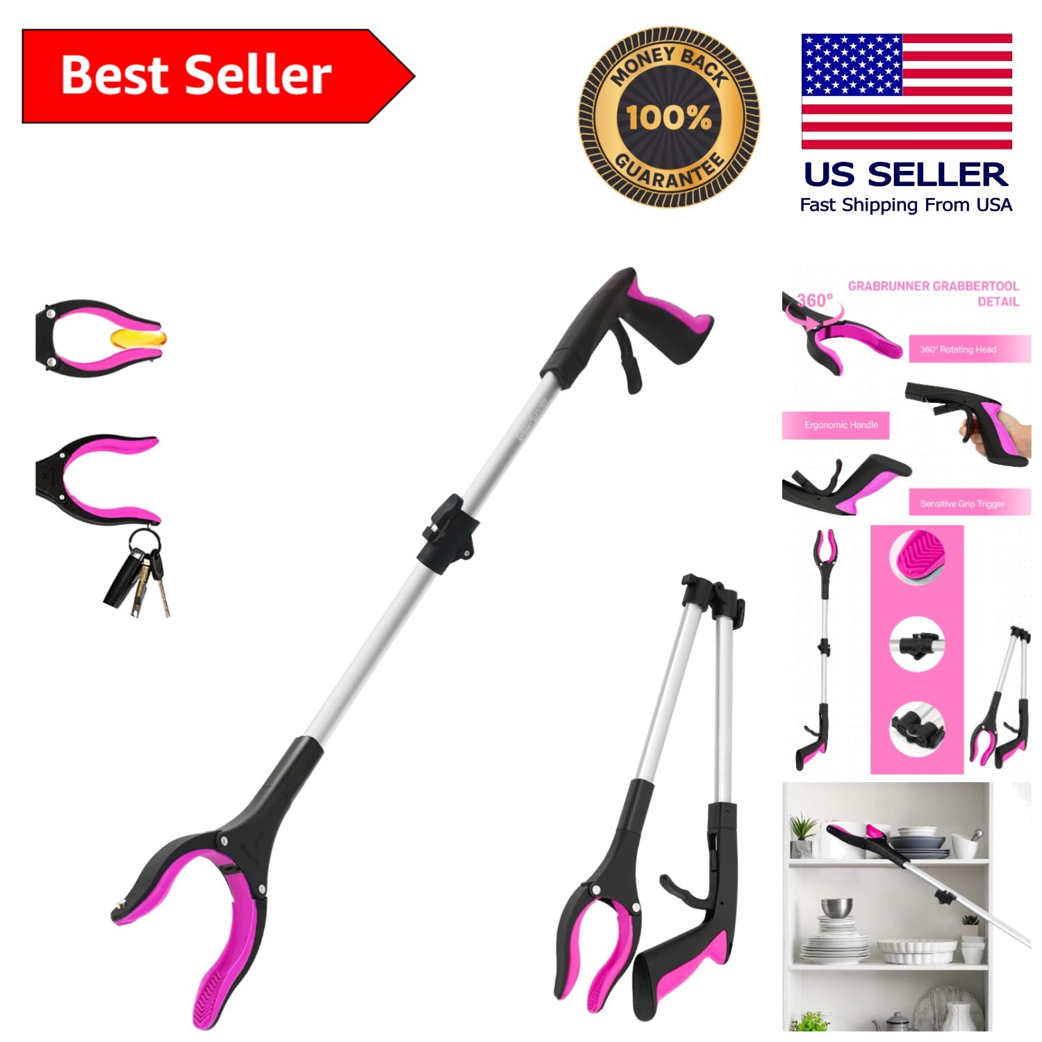 Foldable 32-Inch Heavy Duty Magnetic Reacher Grabber - Lightweight Pink Design