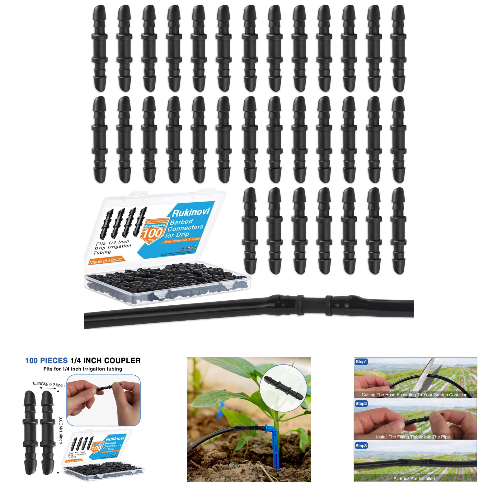 1/4 Inch Drip Irrigation Couplers Black Quick Connect Barbed Fittings for Garden