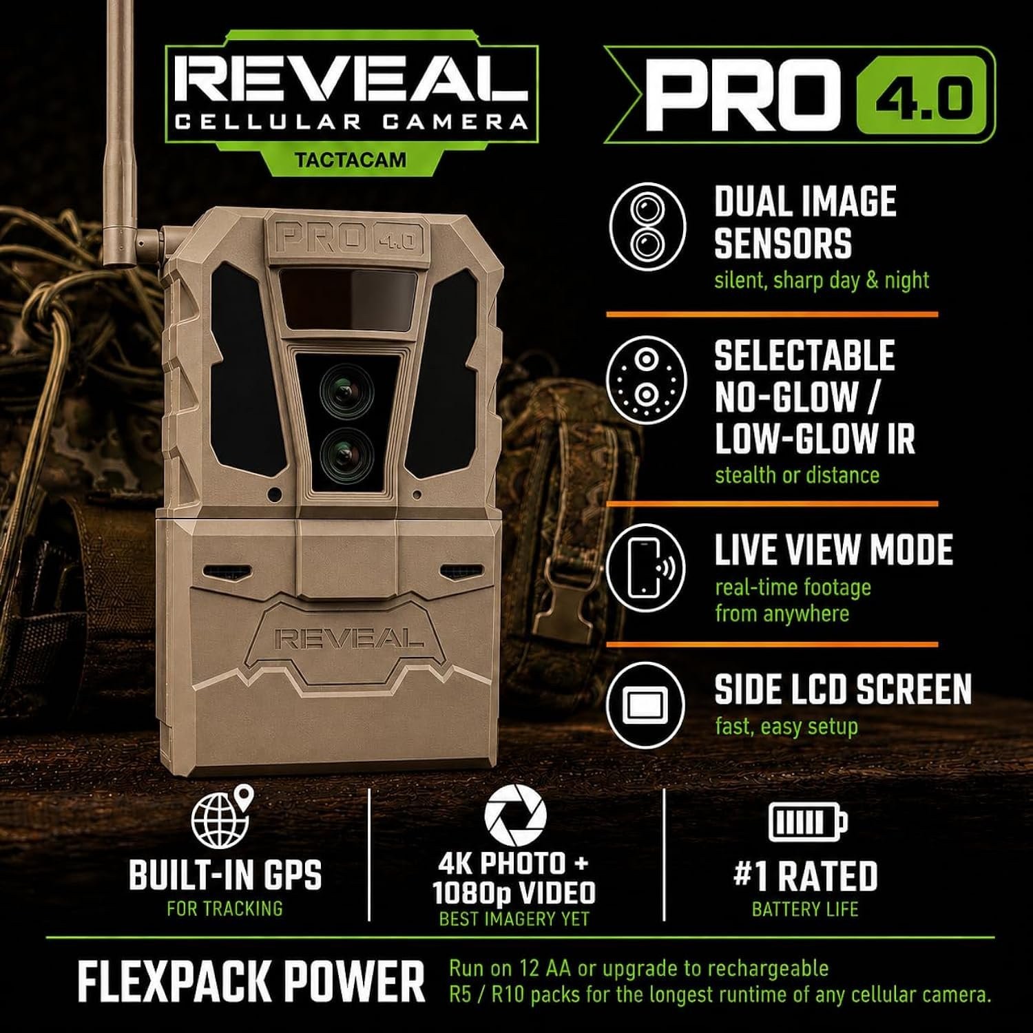 Tactacam Reveal Pro 4.0 Cellular Trail Camera (2-Pack) + 2 FlexPack R5 & 2...