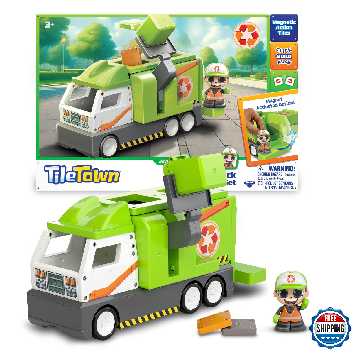 Tile Town Recycling Truck 15-Piece Magnetic Tile Playset, Interactive STEM Magne