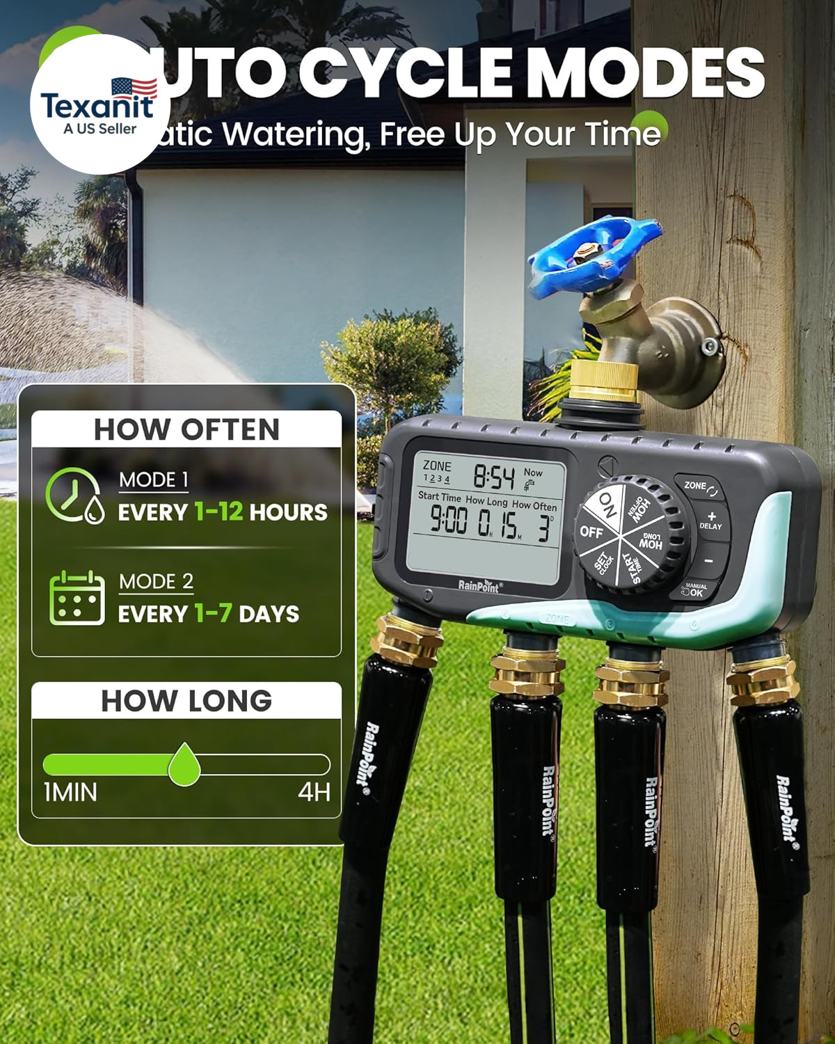 Sprinkler Timer 4 Zone, Water Timer for Programmable, for Soaker Hose with Rain