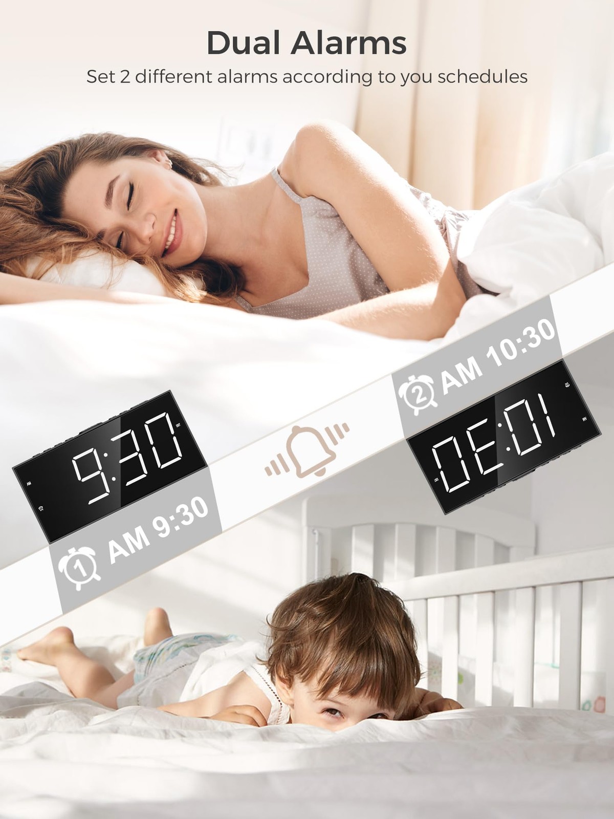 Alarm Clock for Bedroom, 2 Alarms Loud Big Display Plug in Simple Basic Digit...