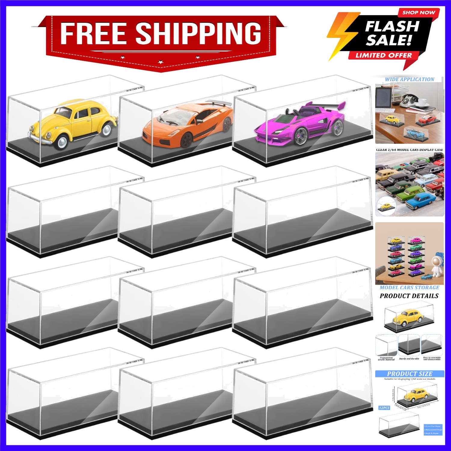 12 PCS Clear Model Cars Display Case,Toy Car Display Organizer Storage Case F...