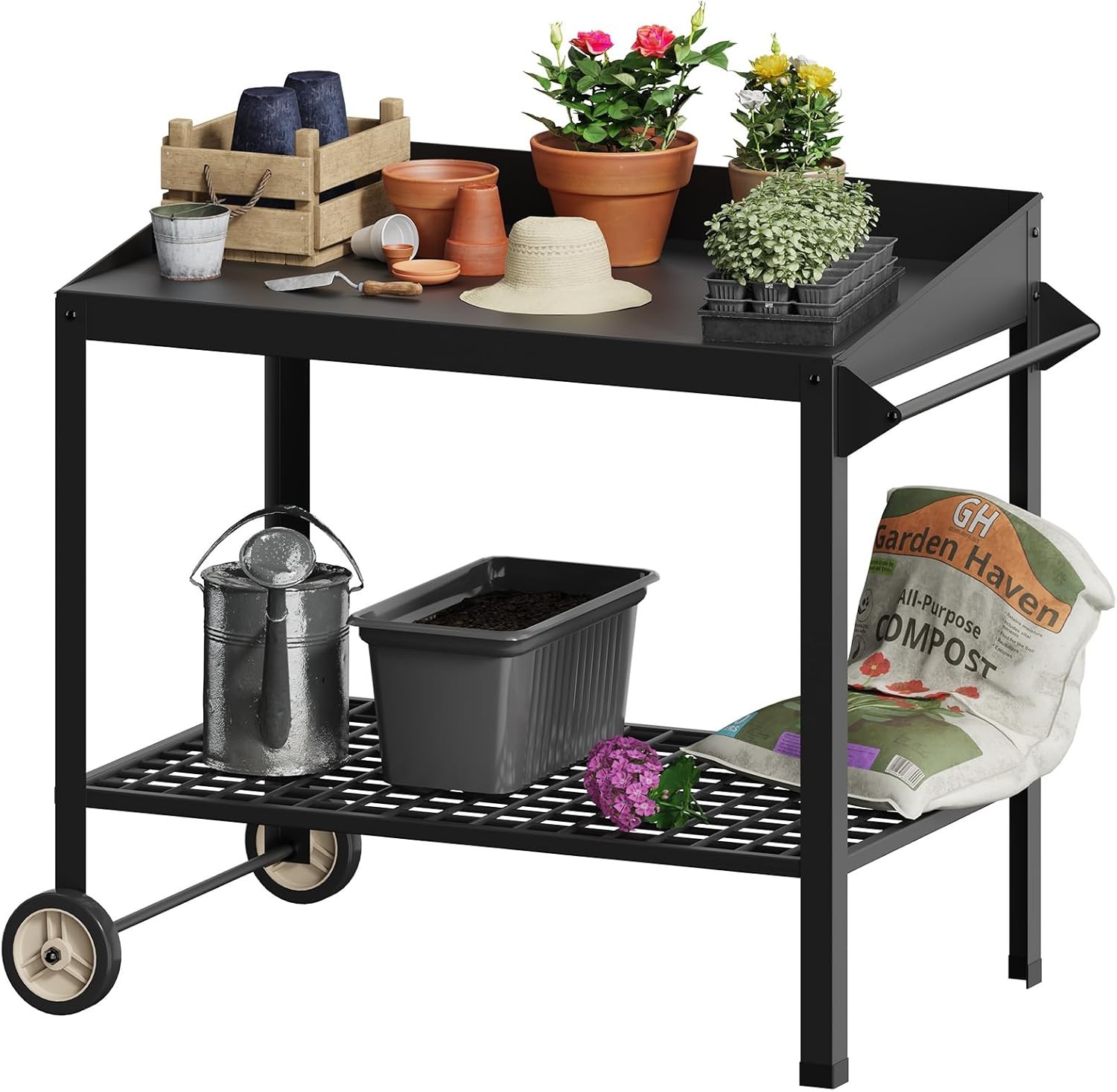 Metal Potting Bench with Wheels Planting Table for Outdoor Gardening Work