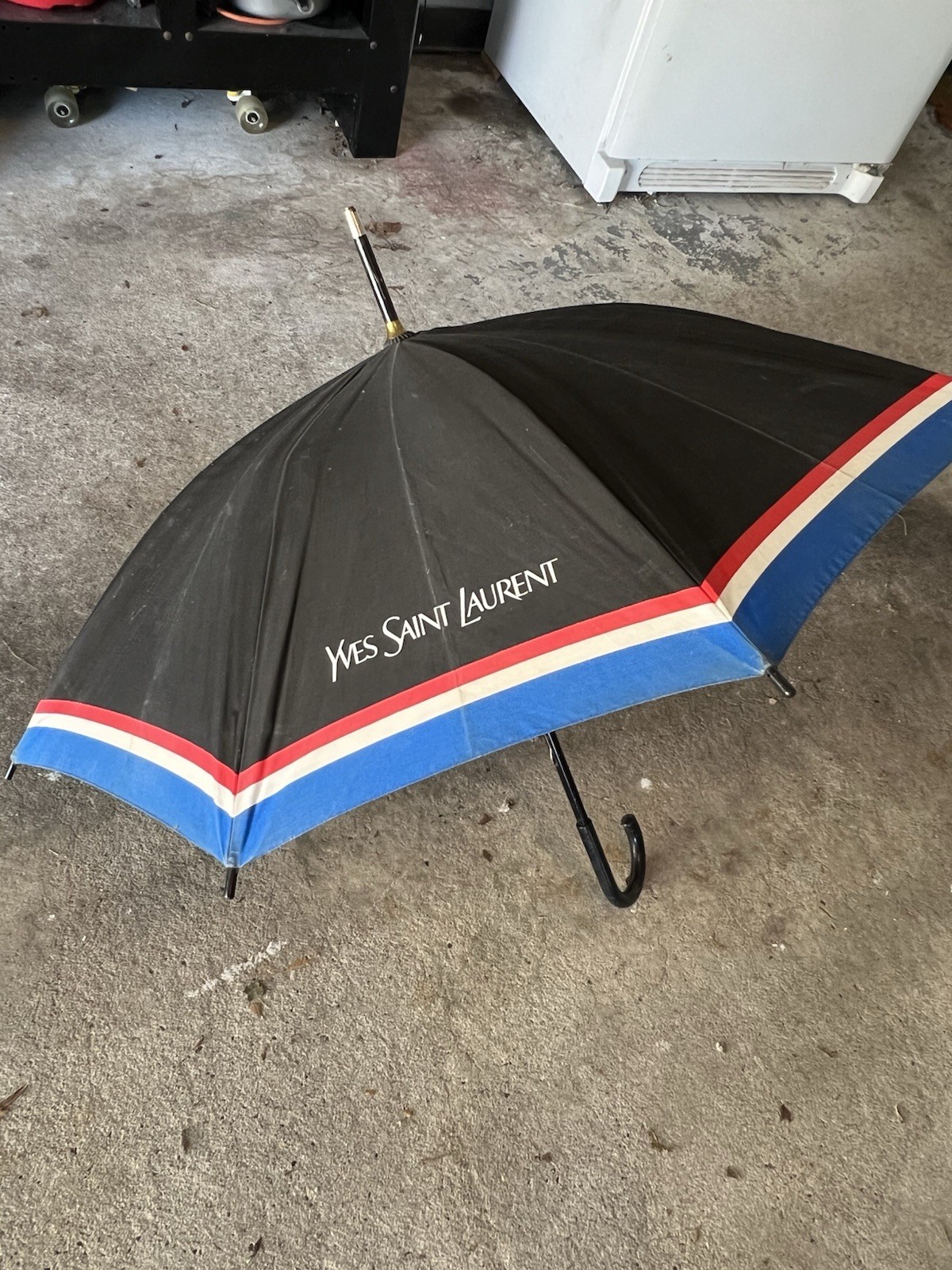 Vintage Yves Saint Laurent Umbrella Black,  w Red White Blue  Accents, YSL logo