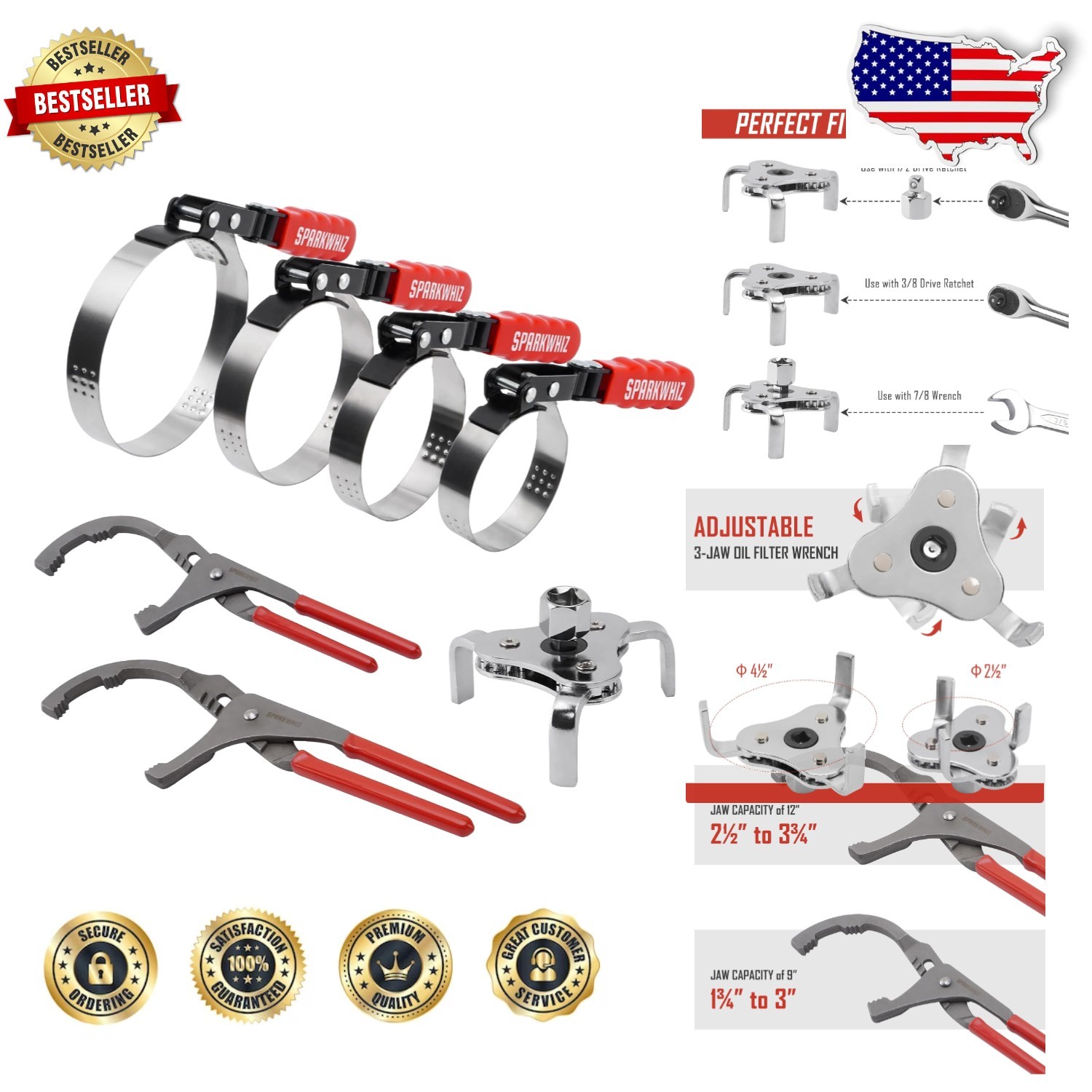 Oil Filter Removal Tool Kit 7pc, 3-Jaw Wrench, Adjustable, Carbon Steel