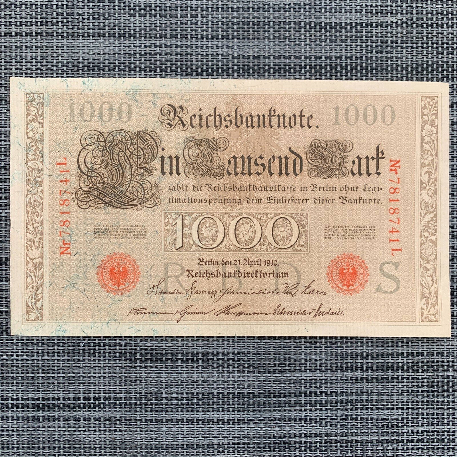 Authentic Historical BERLIN 1910 Germany 1000 Mark Banknote Currency Pre WW1 WWI
