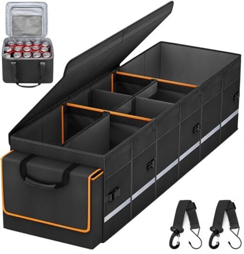Car Trunk Organizer and Storage with Lid & Removable Leakproof Cooler Black