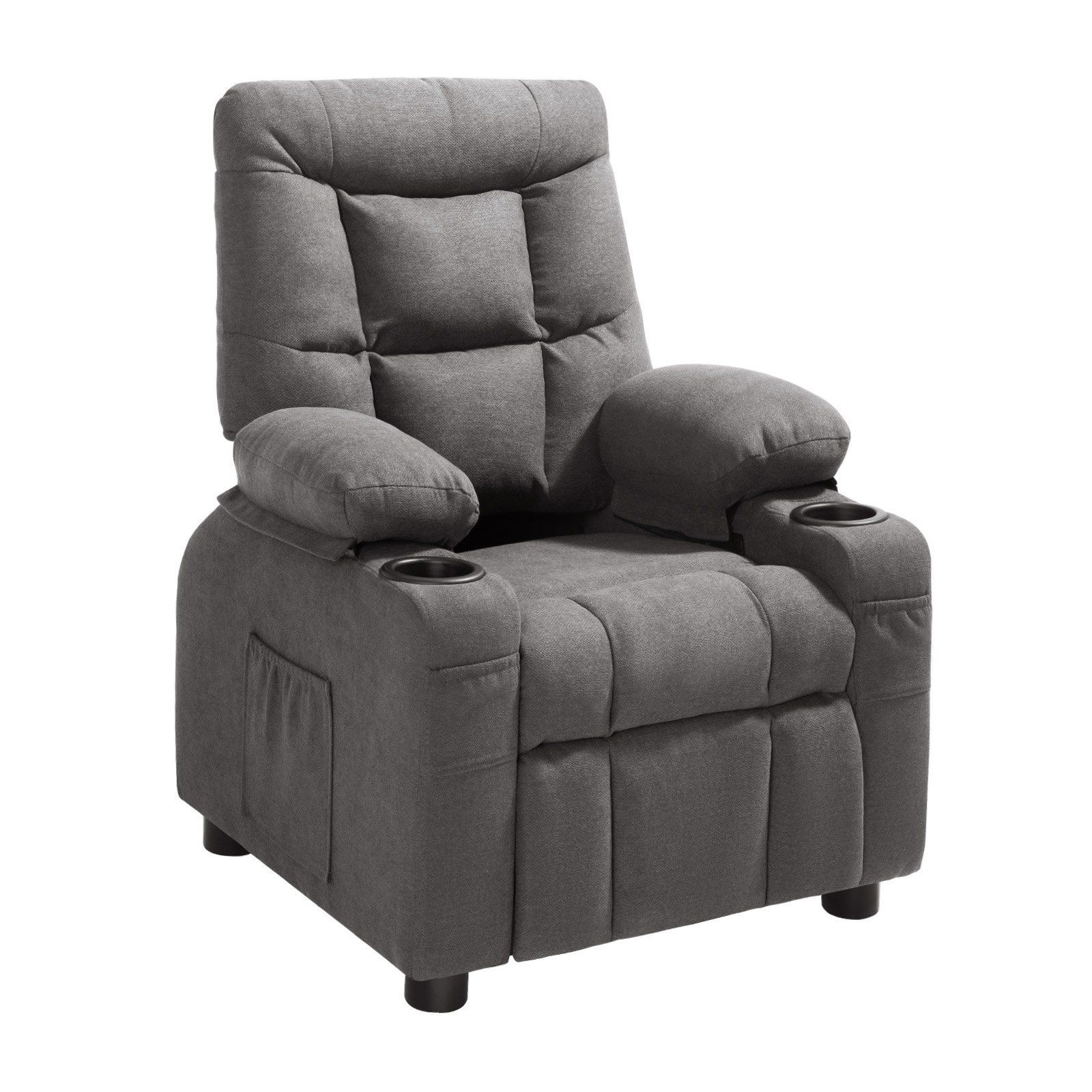 ren's Reclining Sofa: Wooden Frame, Adjustable Back, Storage Pockets, Gray