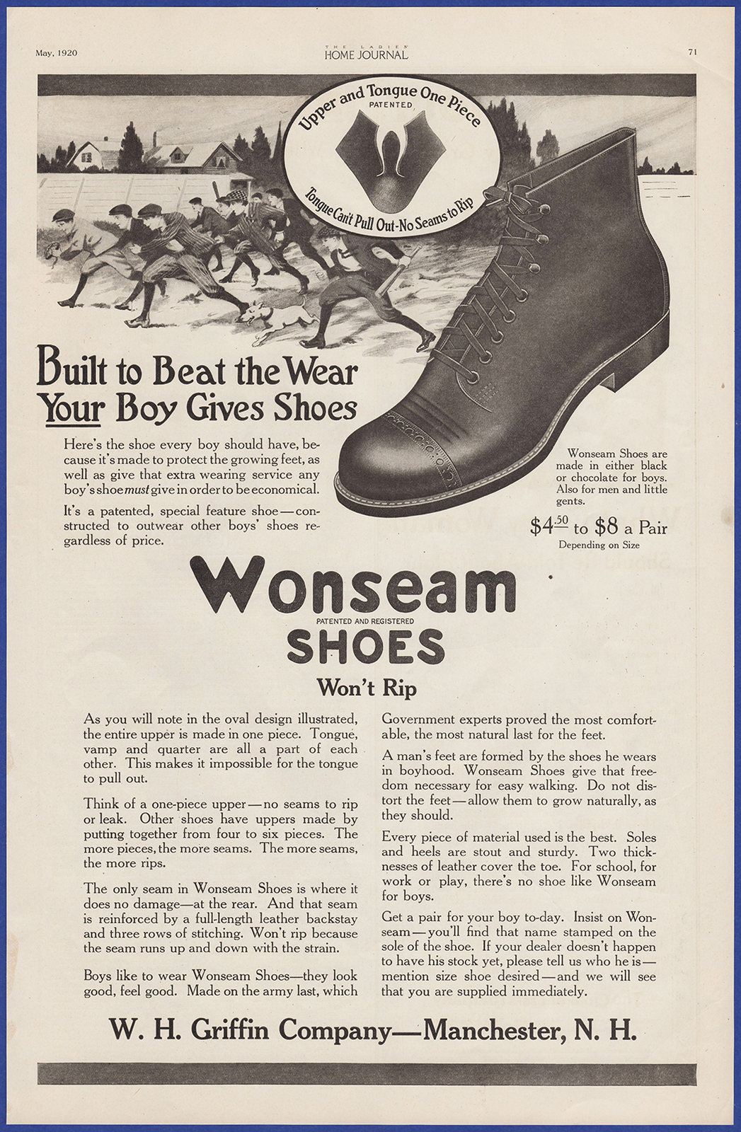 Vintage 1920 WONSEAM Shoes Boys Men's Footwear Fashion Ephemera Print Ad