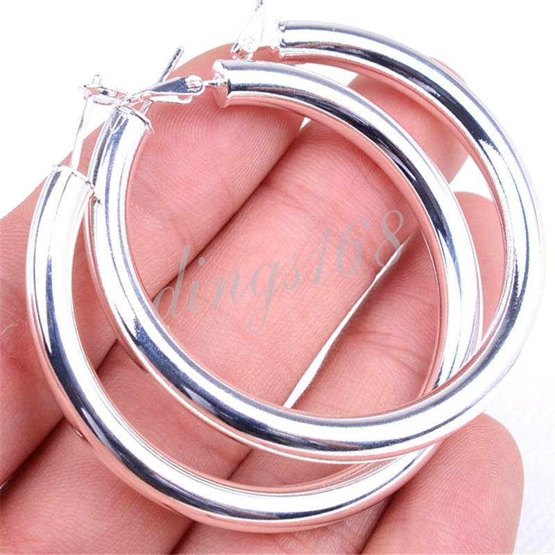 Ladies Classic 925 Sterling Silver 2" Large Hollow Tube Hoop Earrings ECC6-50mm