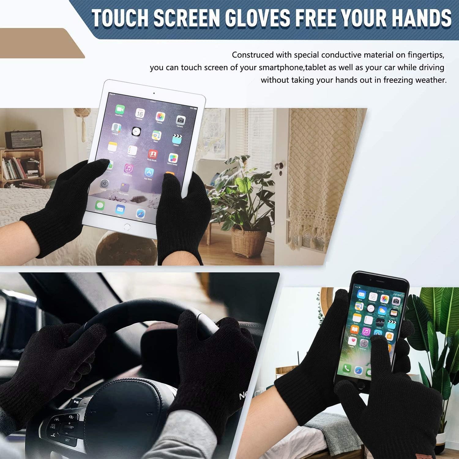 Winter Beanie Hat Scarf Touchscreen Gloves Set for Men and One Size, Black