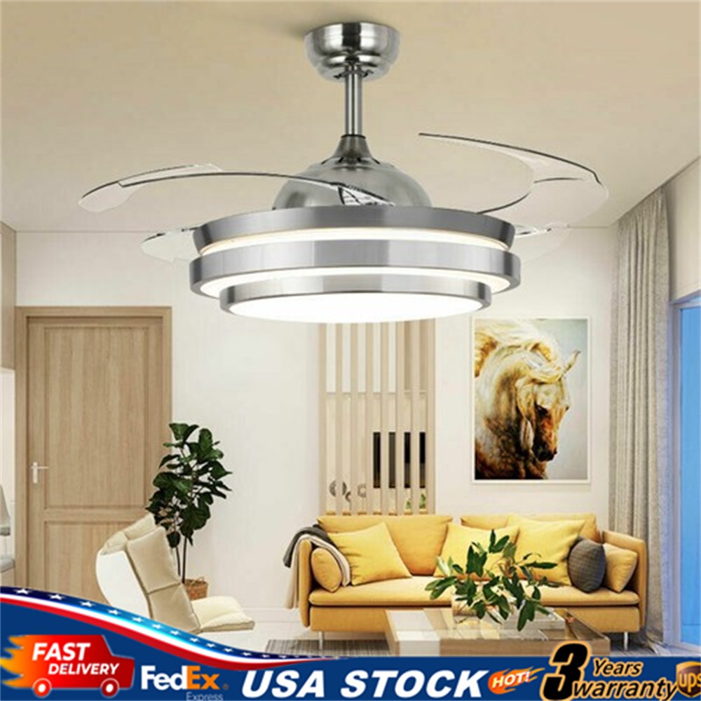 42" Invisible Ceiling Fan Light 3 Colors Retractable Blades LED Chandelier Lamp