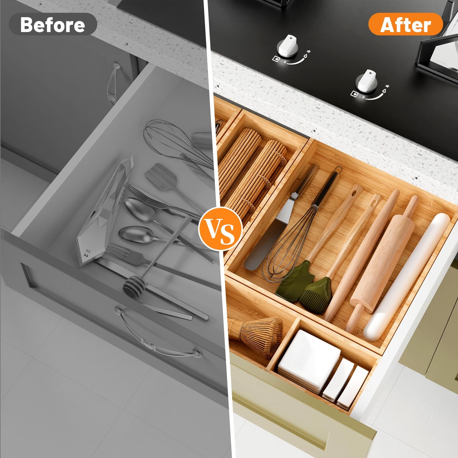 Bamboo Drawer Organizer, 5-Piece Stackable Trays with Removable Dividers
