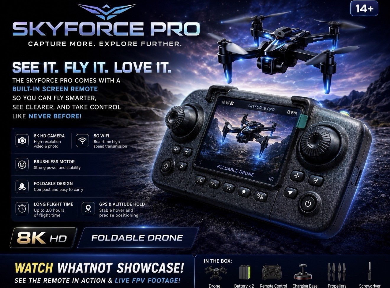 Skyforce Pro Foldable Drone with Built In Screen Remote - 8k HD Camera