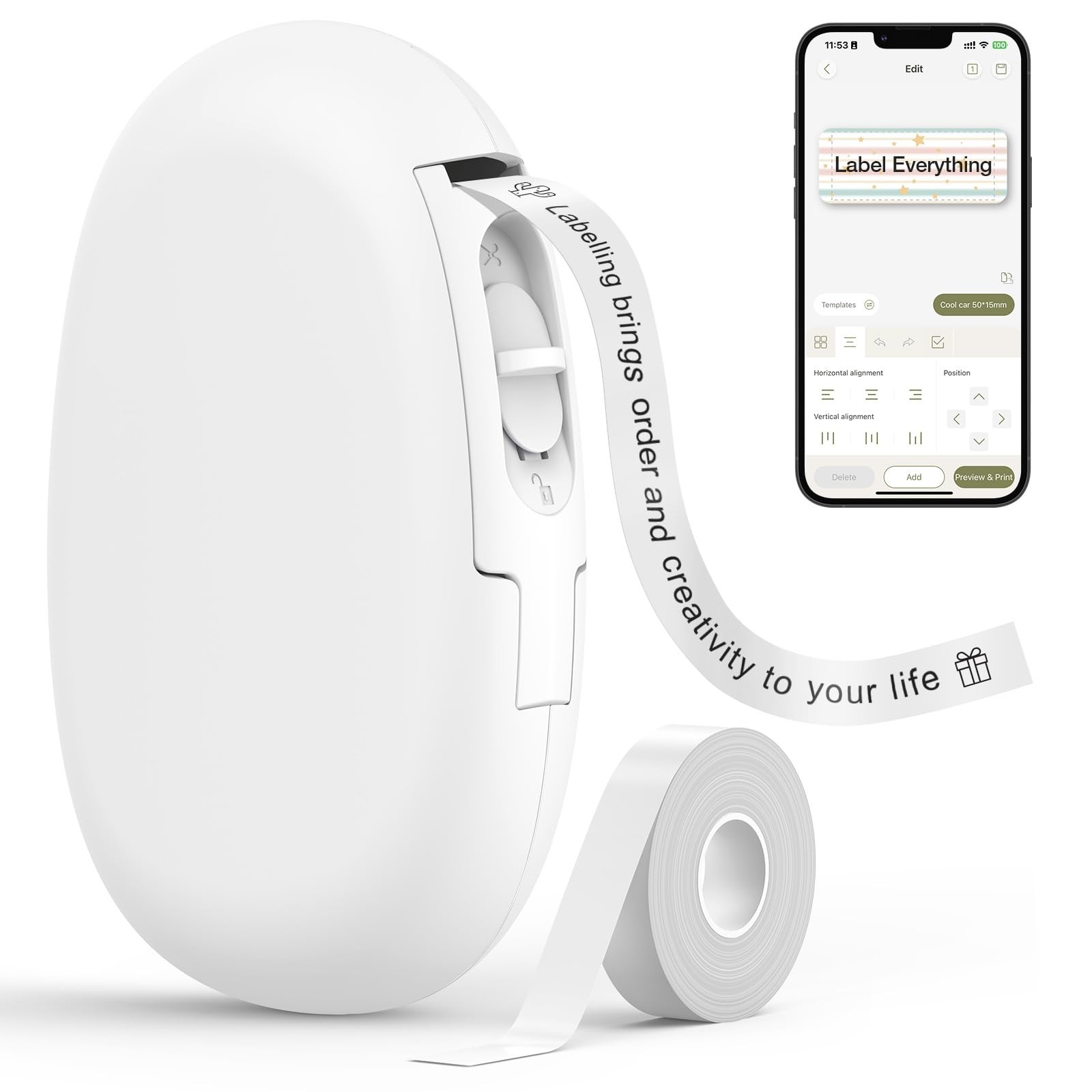 E10 Bluetooth Label Maker Machine with Tape Inkless Portable Printer White