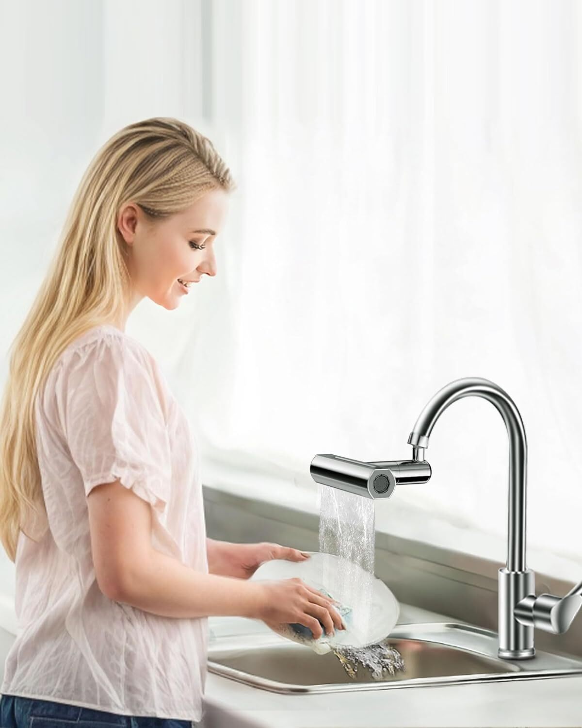 Waterfall Swivelling Kitchen Sink Faucet 360° Universal Multifunctional 4 Modes