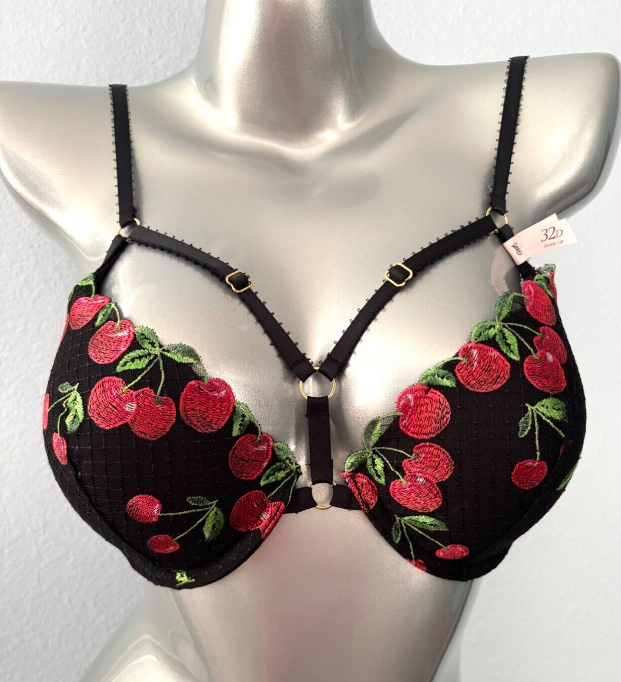 Victoria's Secret Nwt Black Cherry Embroidered Strappy Push Up Underwire Bra 32D