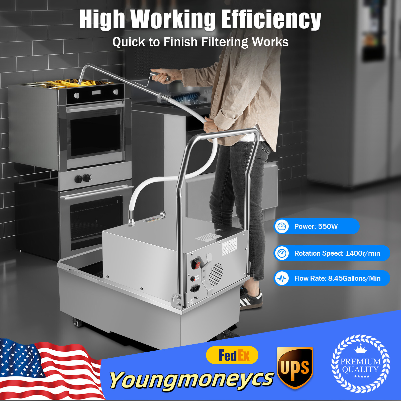 55L Fryer Oil Filter Cart Machine Commercial Kitchen Oil Filtration System USA