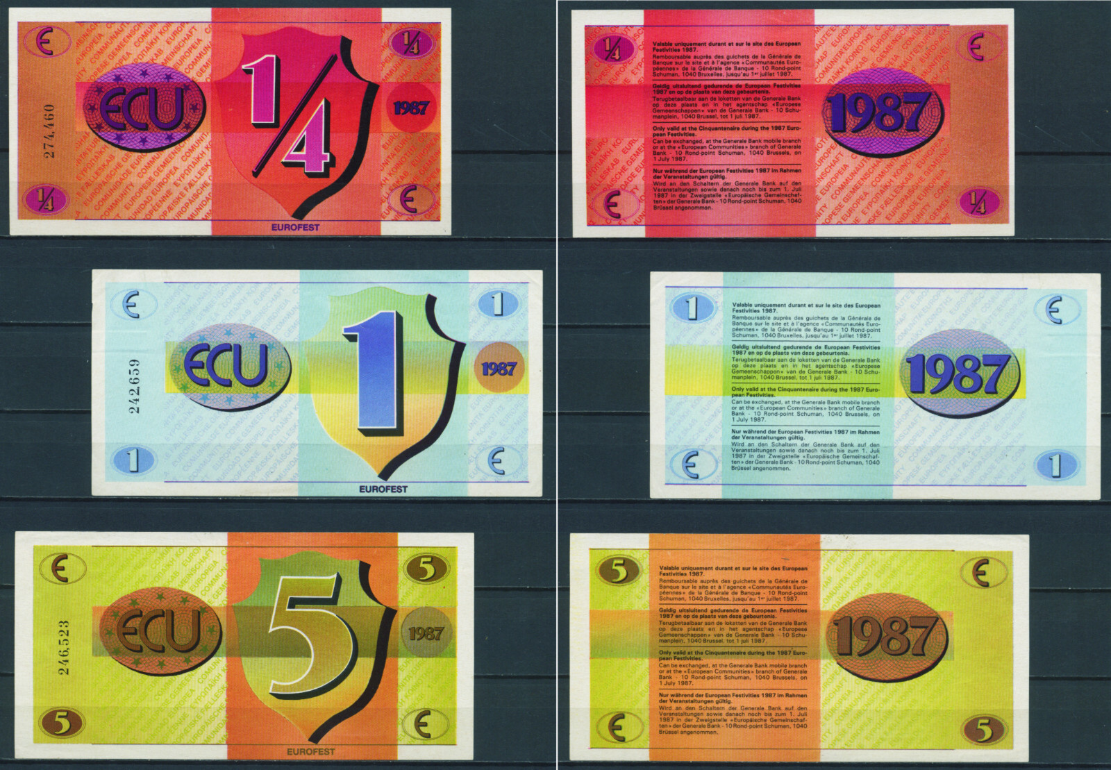 [27408] - 3 x EURO PRECURSORS: BRUSSELS Eurofest, 1/4 - 5 ECU, -01.07.1981, unused