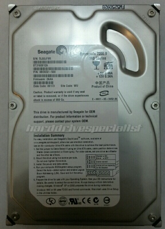 Seagate ST3160812A 160GB IDE 3.5" Drive P/N:9BD032-500 F/W:2AAA Site:WU