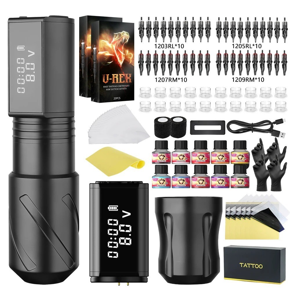 Tattoo Gun Kit T-Rex Wireless Tattoo Machine Kit Rotating Pen Complete Tattoo