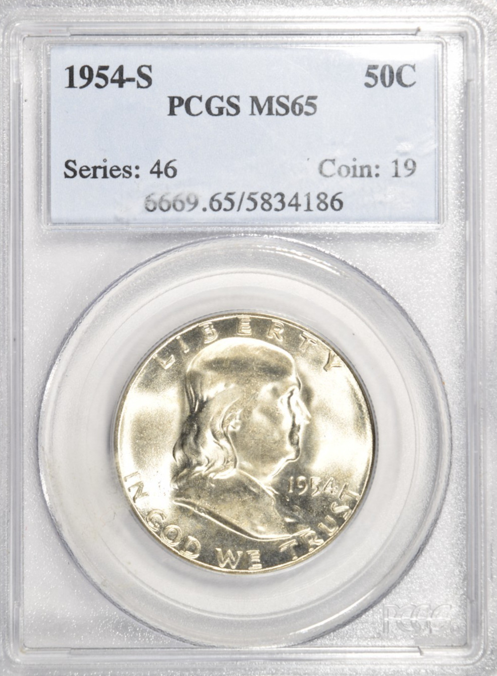 1954 S FRANKLIN HALF DOLLAR ~ PCGS MS65 ~ BRIGHT WHITE!