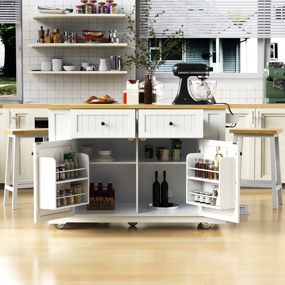 Kitchen Island W 2 Bar Stools 5 Open Side Racks 2 Drawers