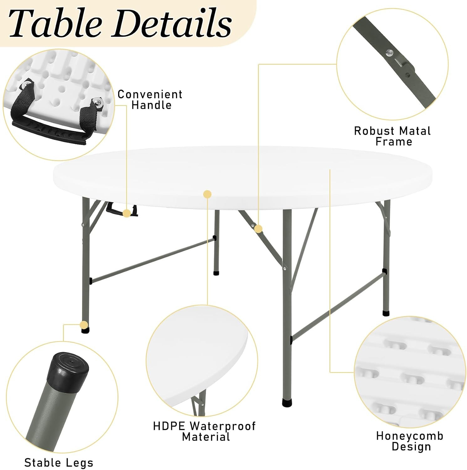 6FT round Folding Table White Fold-In-Half with Carrying Handle Portable Plastic