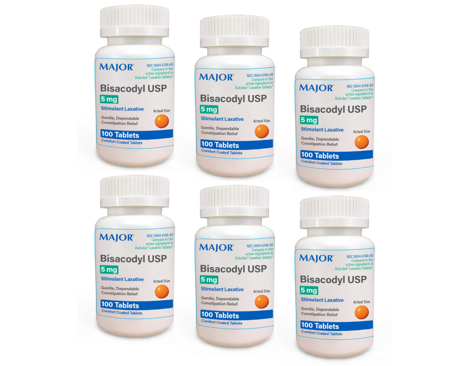 Major Bisacodyl USP Stimulant Laxative 5mg, 100 Tablets - Pack of 6
